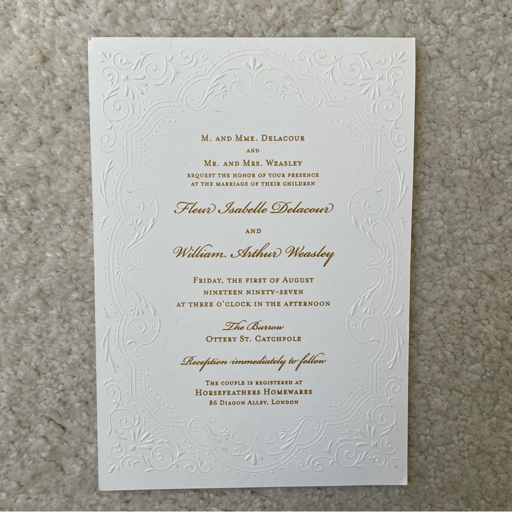 "Harry Potter" White and Gold Bill Weasley and Fleur Delacour Wedding Invitation